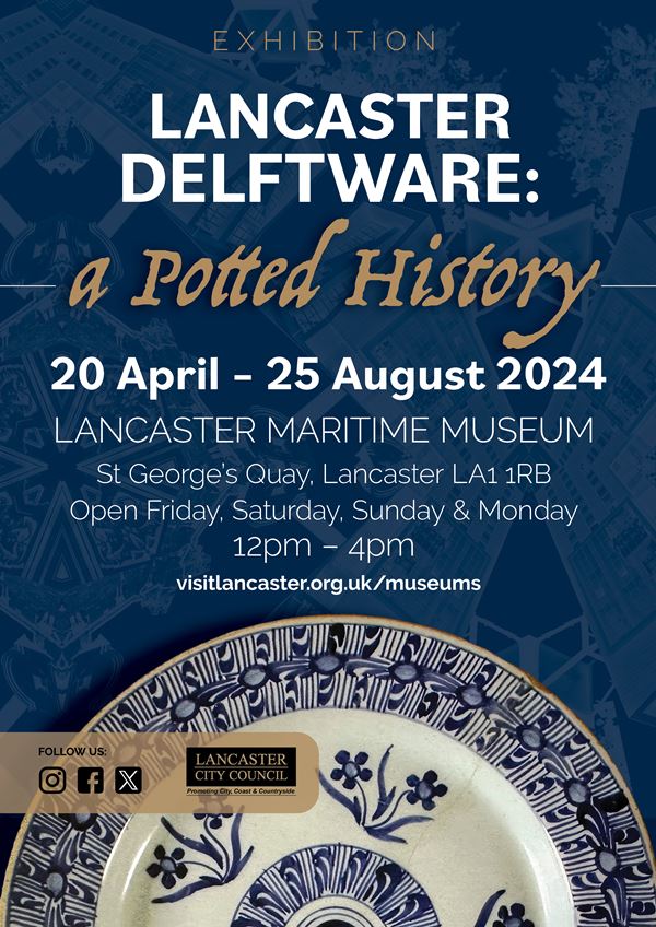 Delftware Exhibition poster, depicting a blue and white delftware plate with a floral design.